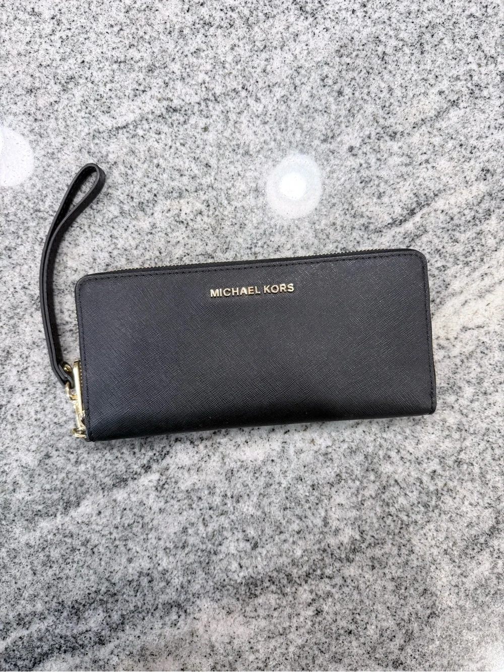 Michael Kors Black Saffiano Leather Zip Wristlet Wallet with Gold Logo